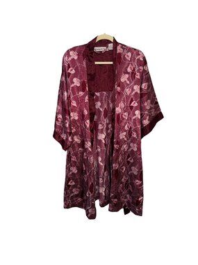 Contessa Di Roma Womens Floral Kimono Robe Burgundy Pink Satin